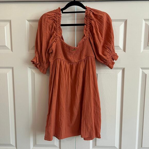 Billabong Perfect Paradise Coral/Terracotta Babydoll Puff Sleeve Dress Size L - Picture 4 of 12